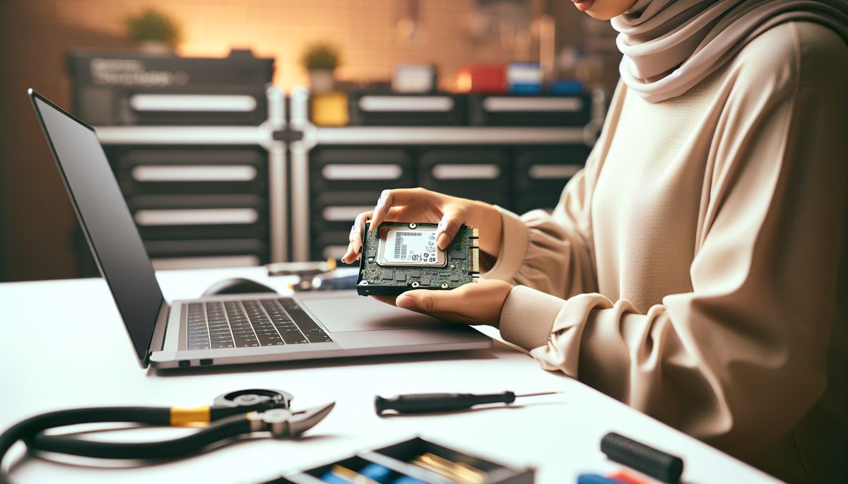 Technician installing an SSD upgrade in a laptop at a computer repair shop in Sale, Manchester